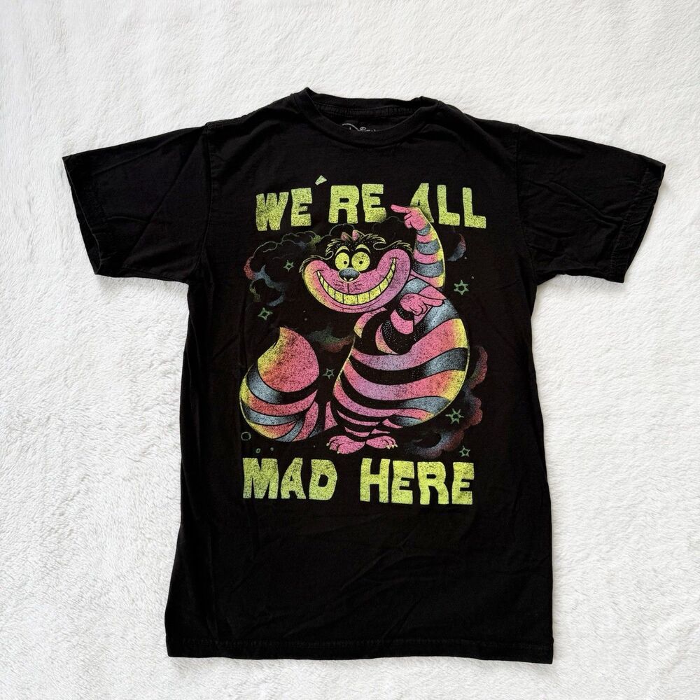 Disney Adult Sz Small Alice in Wonderland We're All Mad Here Cheshire Cat Shirt